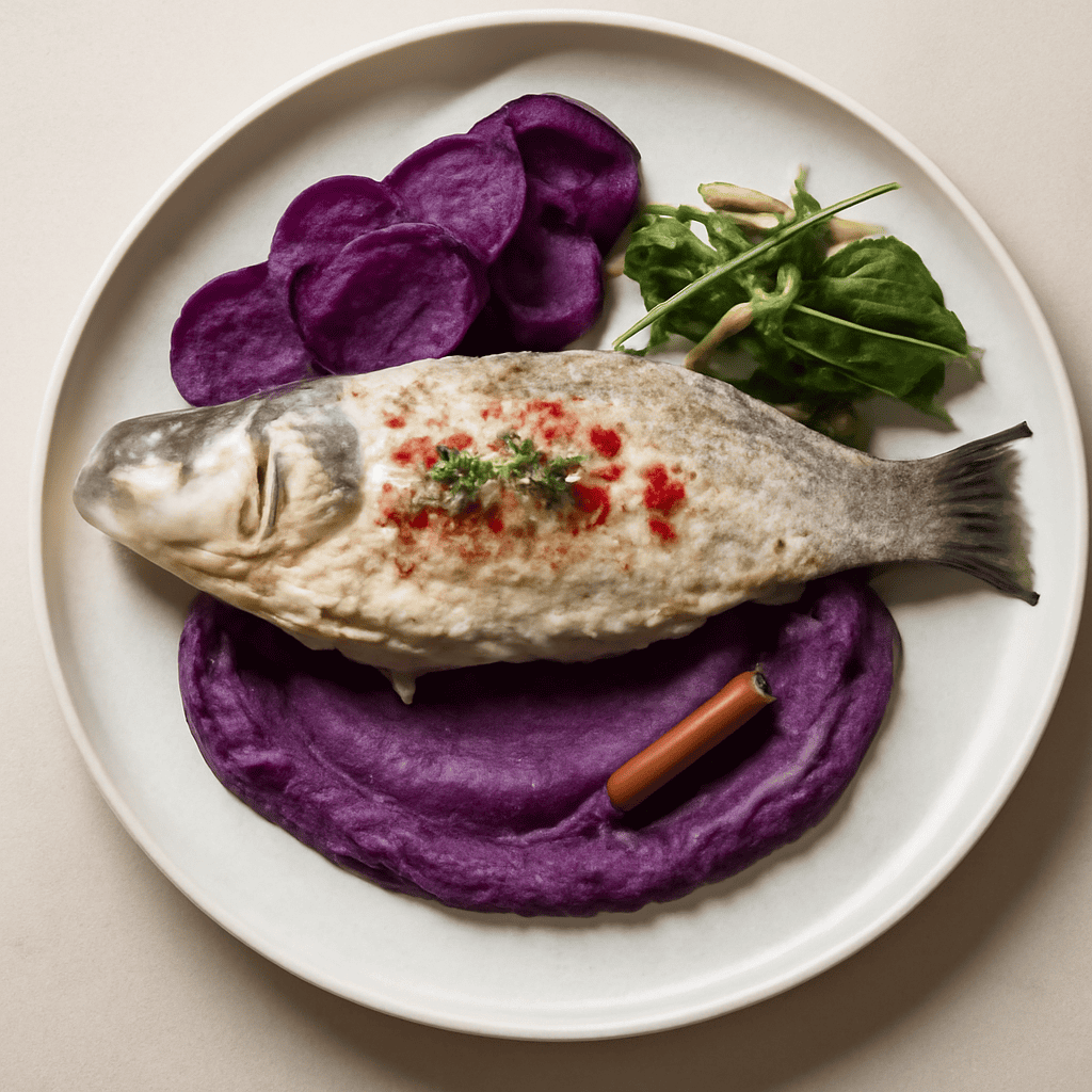 spigola cotta in crosta di sale al melograno su crema di patata viola aromatizzata alla cannella con fagiolini all’agro e chips di patata viola