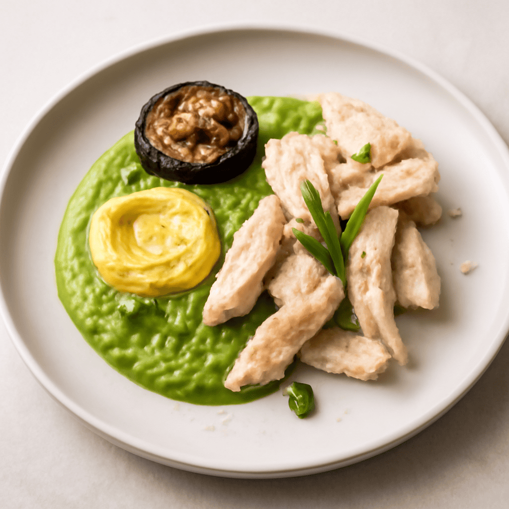 STRACCETTI DI POLLO BOLLITO CON CREMA D PISELLI, MAIONESE AL CURRY E RICCI D MELANZANA
