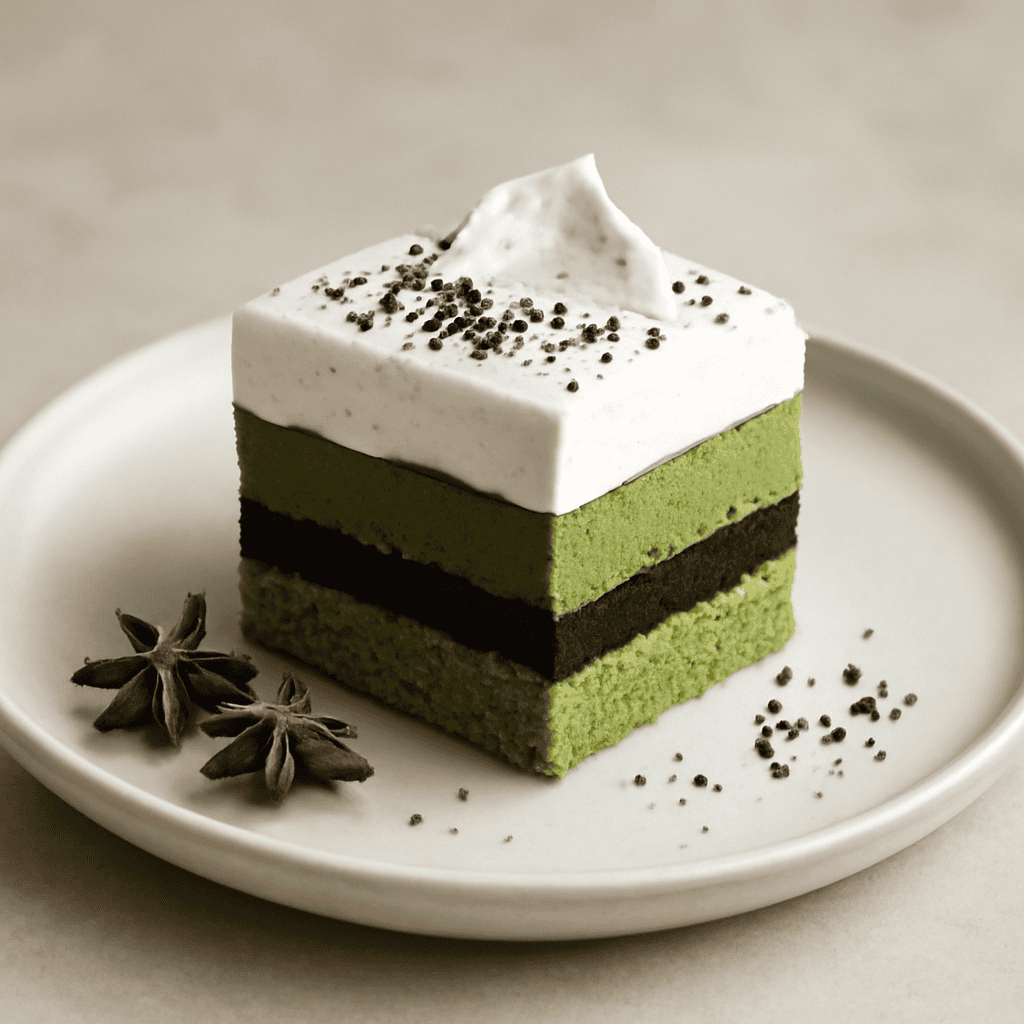 Stratificazione al the matcha e sesamo nero con spezie