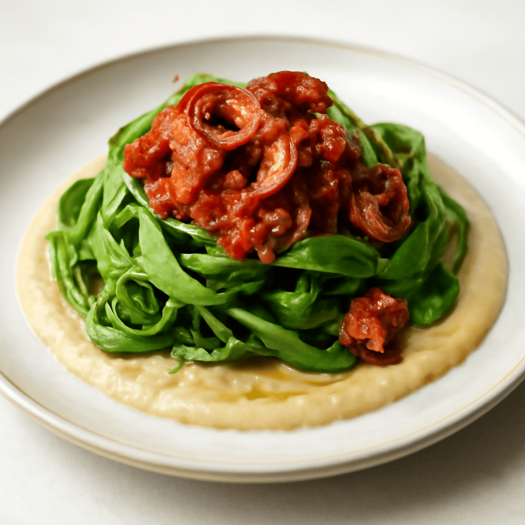 “Taccozze” fresche di rucola selvatica con purea di ceci e polipetti con concassè di pomodori