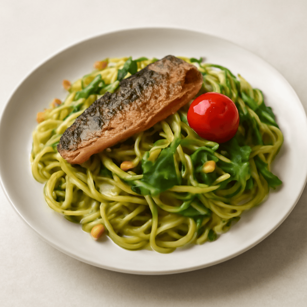 Tagliatella aromatizzata alla rucola con sgombro saltato in padella con crema di zucchine e pinoli tostati