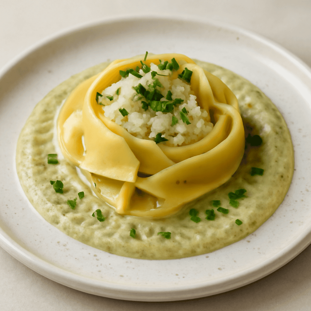 Tagliatella ripiena di baccalà e lime su crema di carciofi e pecorino