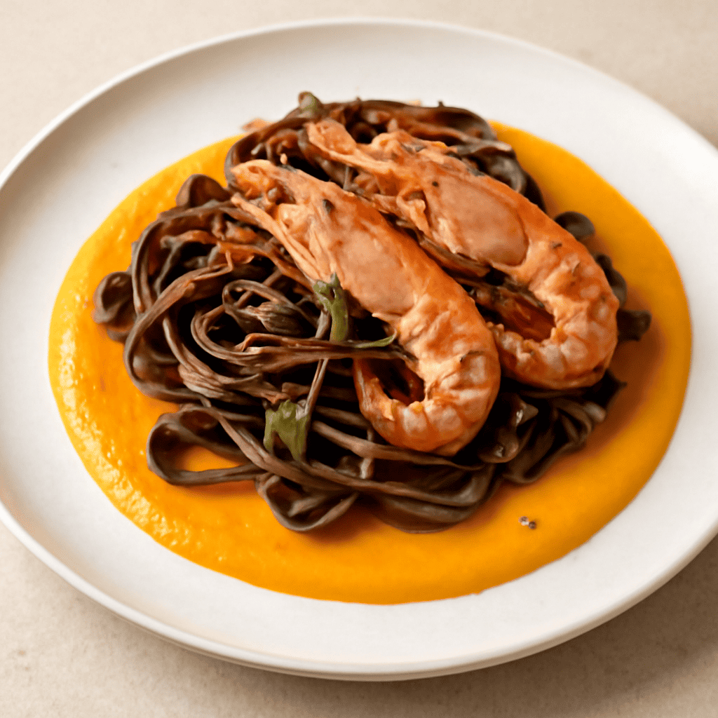Tagliatelle al caffè e scampi su crema di zucca