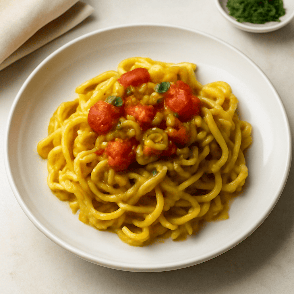 Tagliatelle al curry con sugo di pannocchie.
