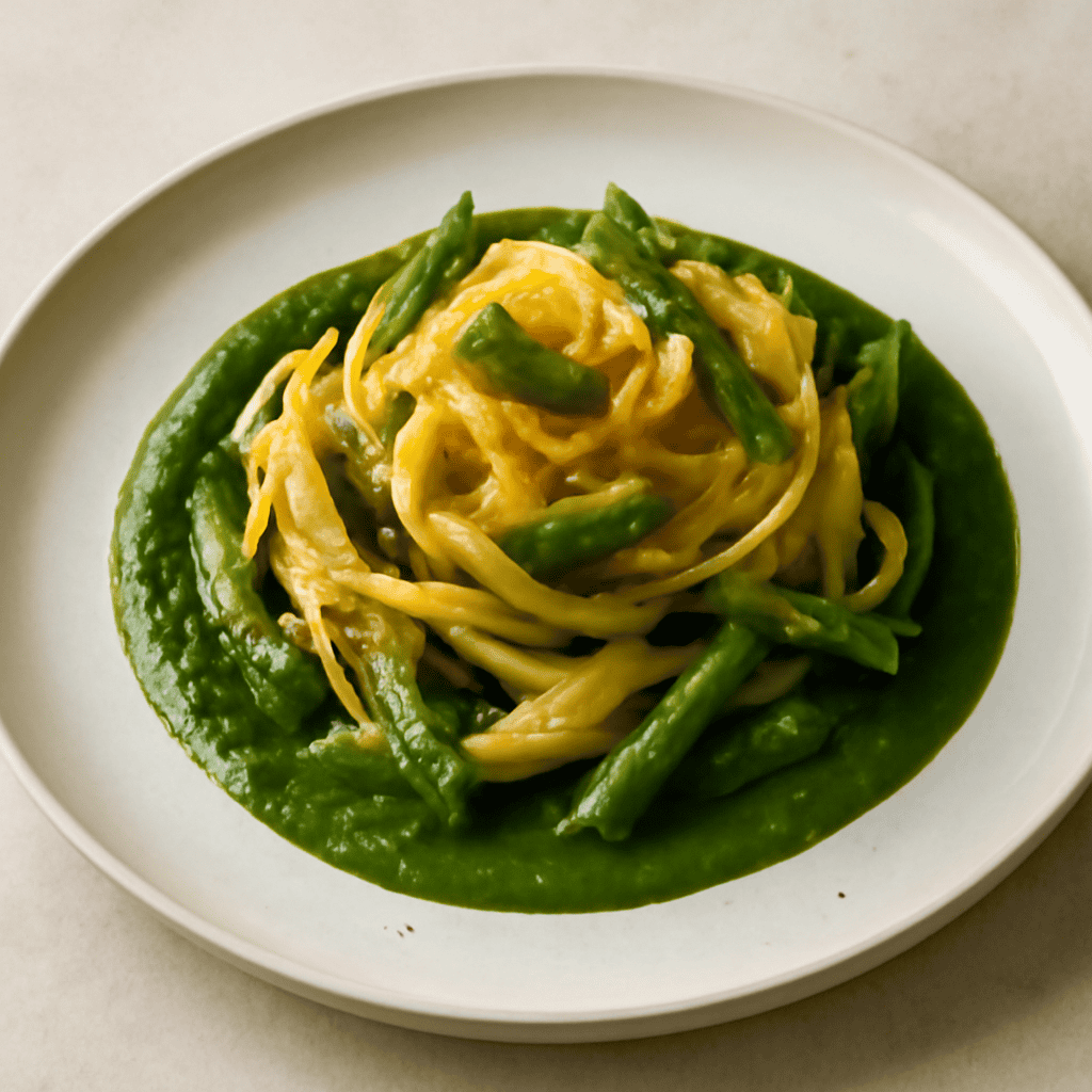 Tagliatelle con asparagi e bottarga di muggine su salsa di spinaci
