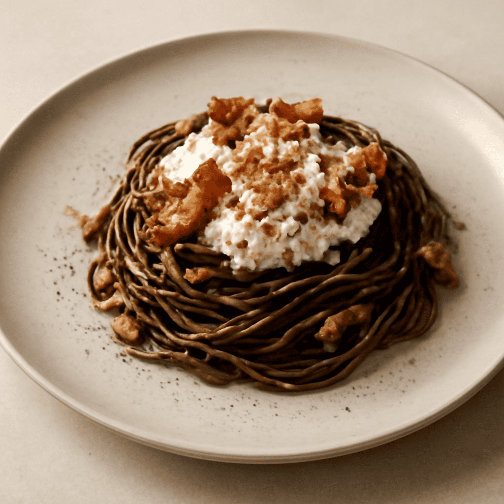 tagliolino al caffè con ricotta noci e guanciale croccante