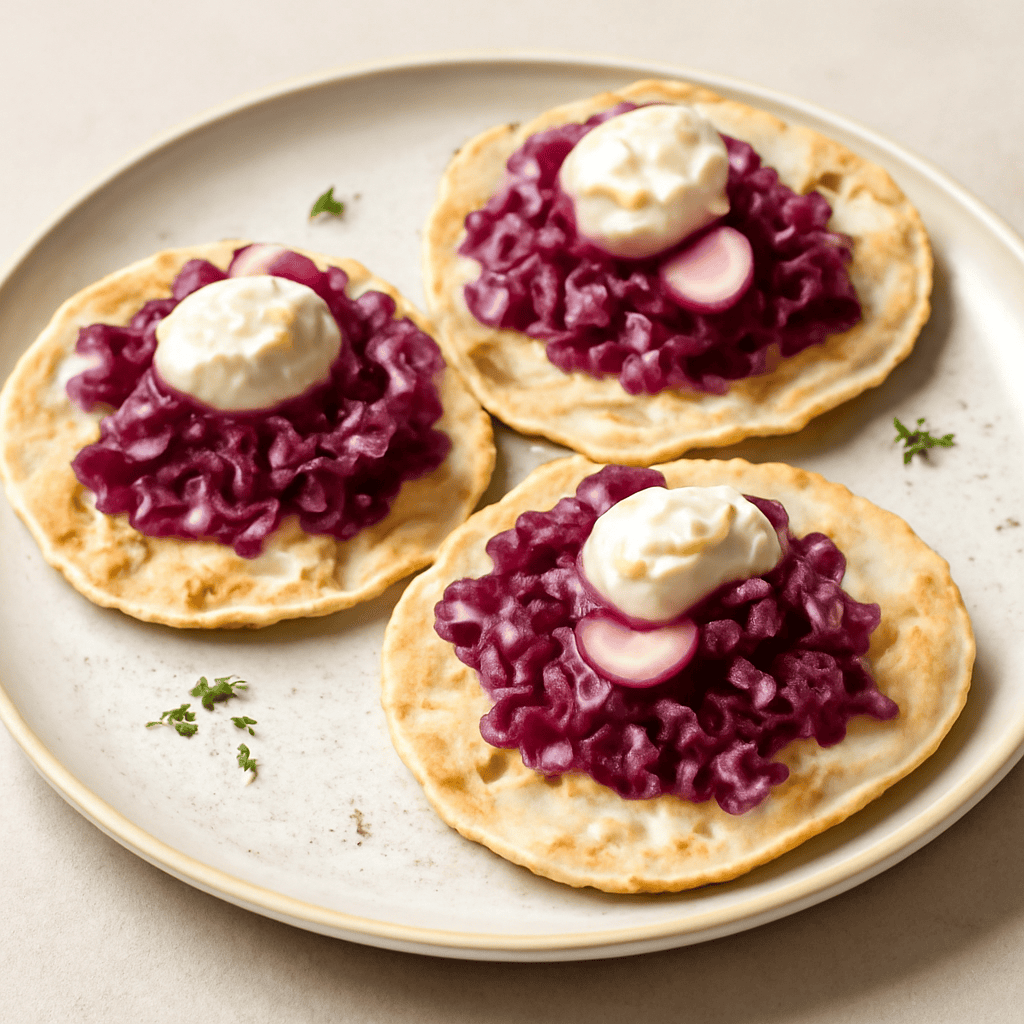 Tapas di piadina con tartare di cavolo rosso e ravanelli con maionese alle mandorle