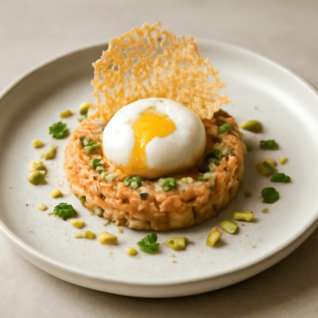 Tartara di mazzancolle uovo pochè e cialda di pecorino