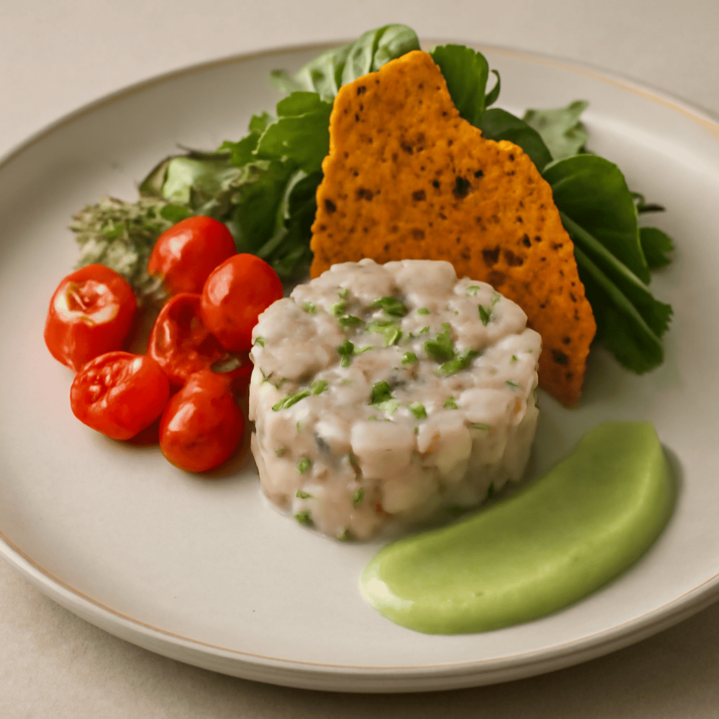 Tartare di ombrina con pomodorini datterini, cialda di zucca e crema di avocado
