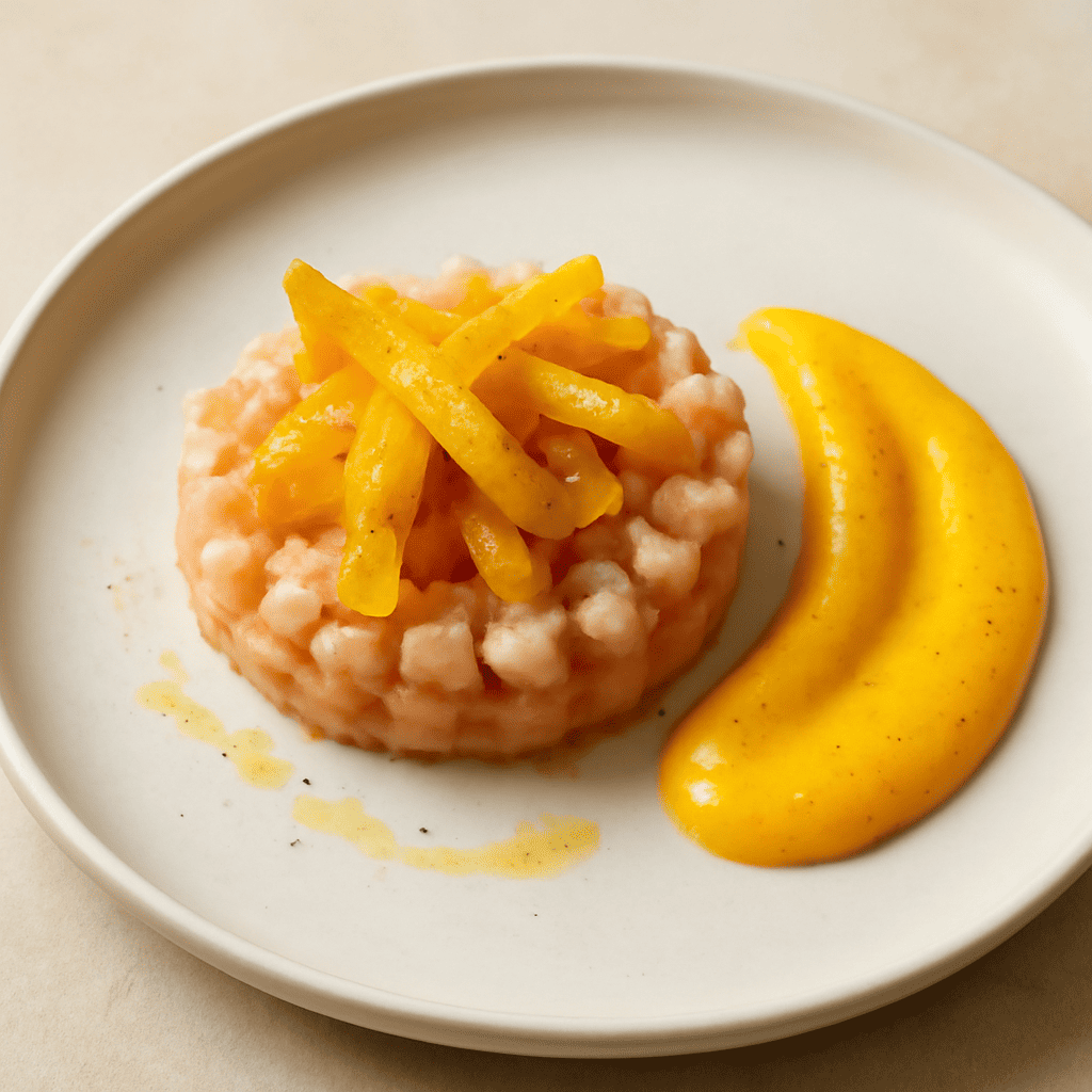 tartare dipollo con crema di peperoni