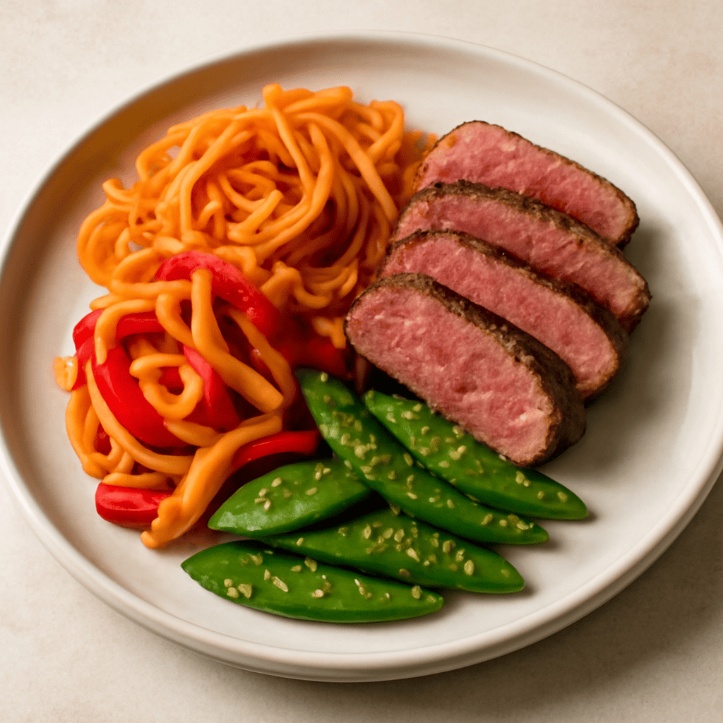 Tataki di manzo con spaghetti di patate dolci saltati con peperoni alla salsa di soia e taccole ai semi di quinoa