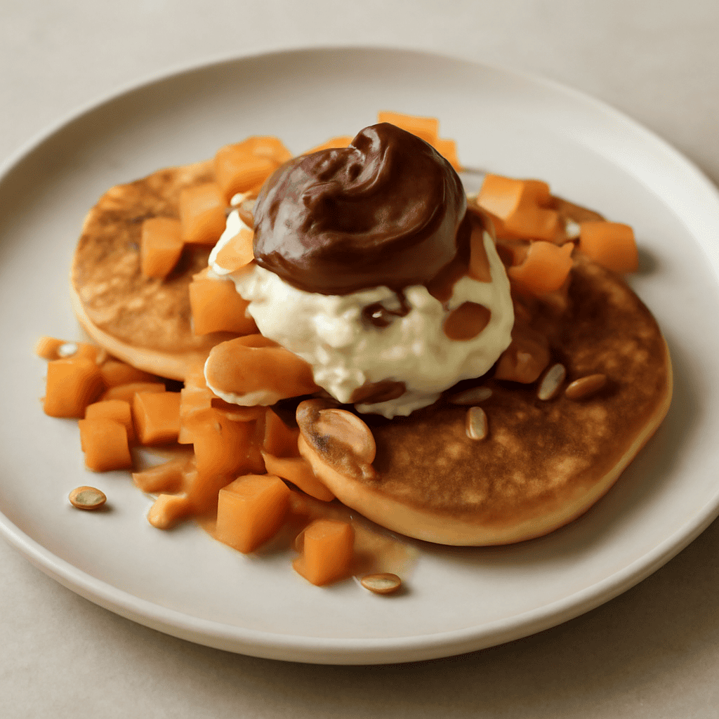 Tiramisù destrutturato con pancakes e frutta fresca