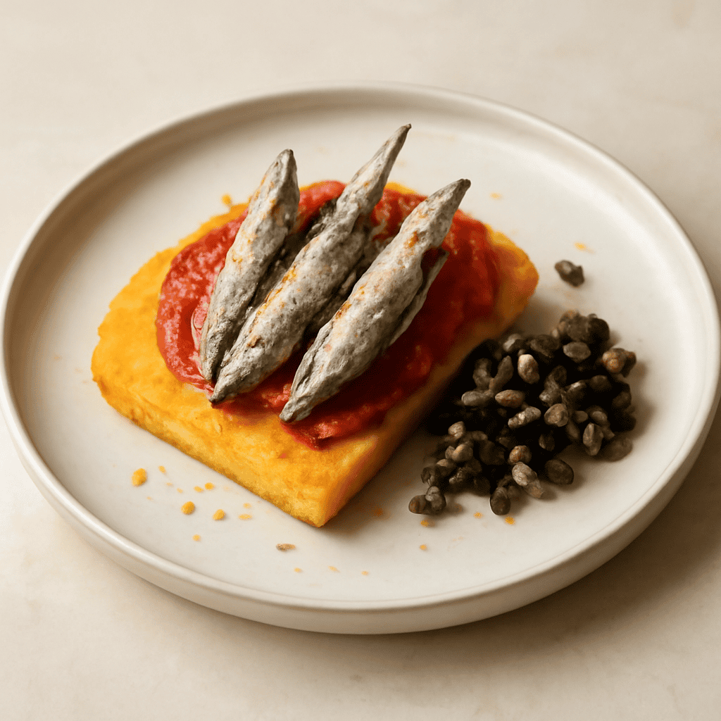 Torretta di alici su crostone di polenta, passatina di pomodoro e tartare di capperi e olive