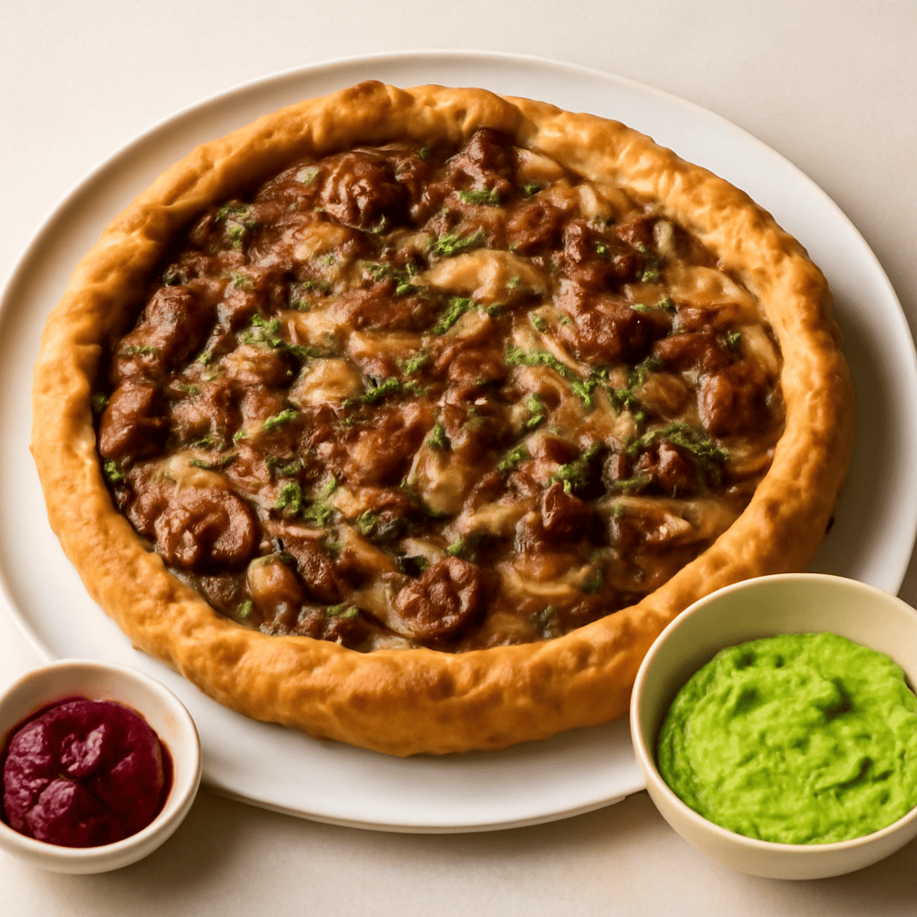 Torta salata con funghi, salsiccia e cipolle caramellate con salsa alle zucchine