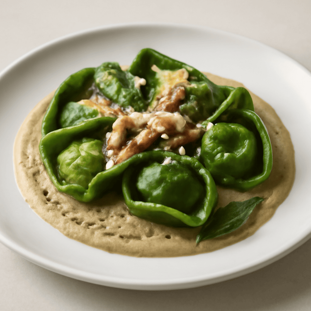 Tortelli agli spinaci, ripieni di emmenthal e speck con crema di melanzane all’aglio.