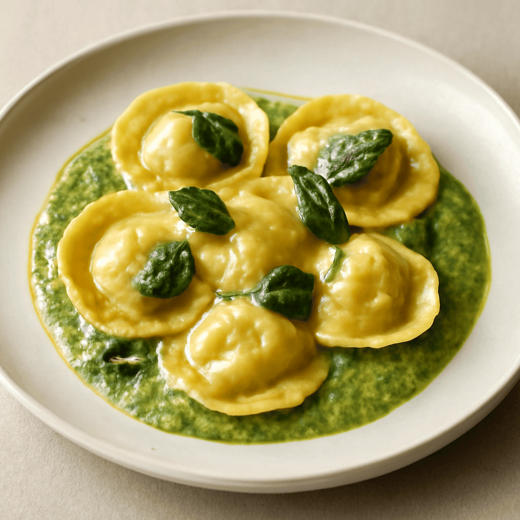 Tortelli al merluzzo su crema di zucchine e basilico croccante