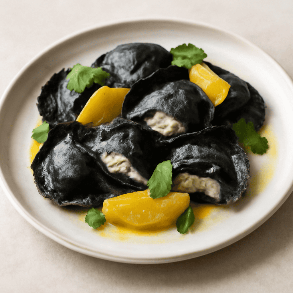 Tortelli al nero di seppia con ripieno di merluzzo sapore d’arancia e profumo di menta