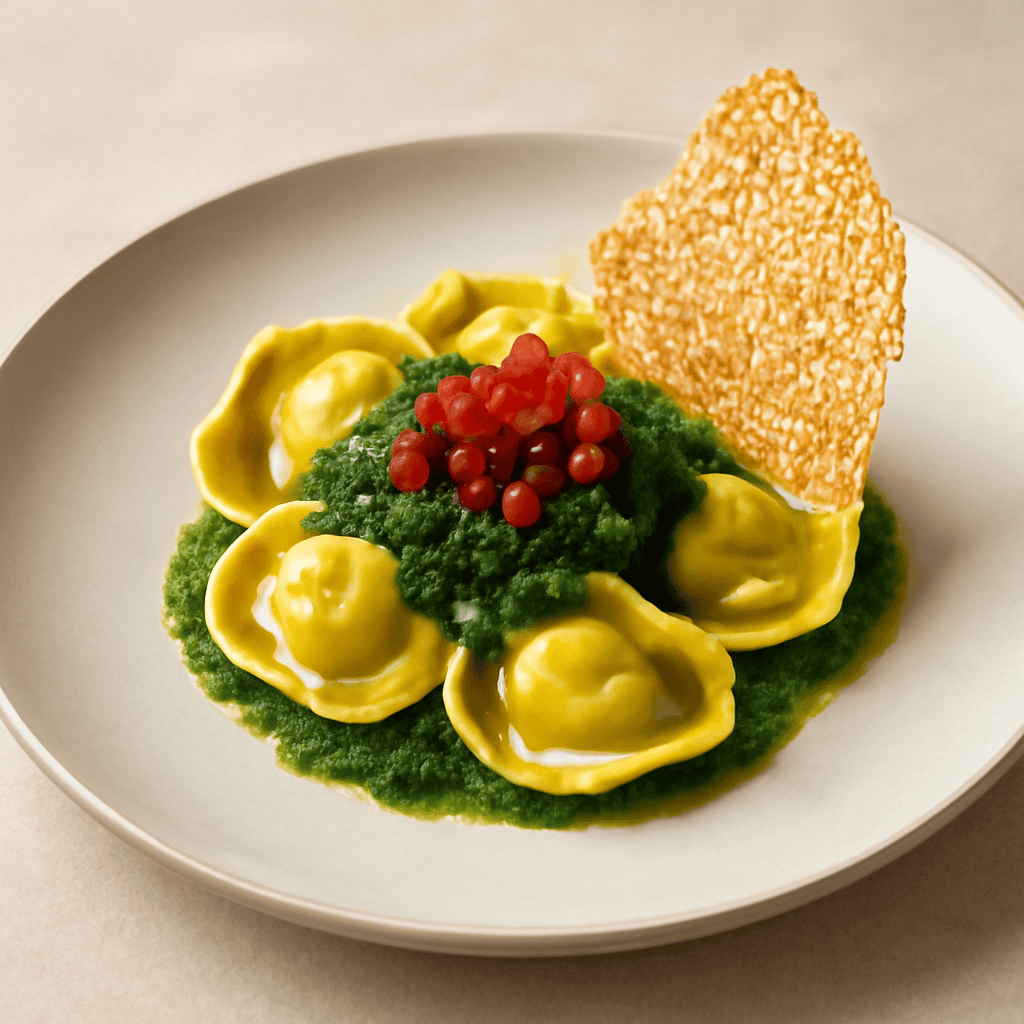 Tortelli alla crescenza con pesto di rucola, brunoise di peperoni e cialda di parmigiano al sesamo