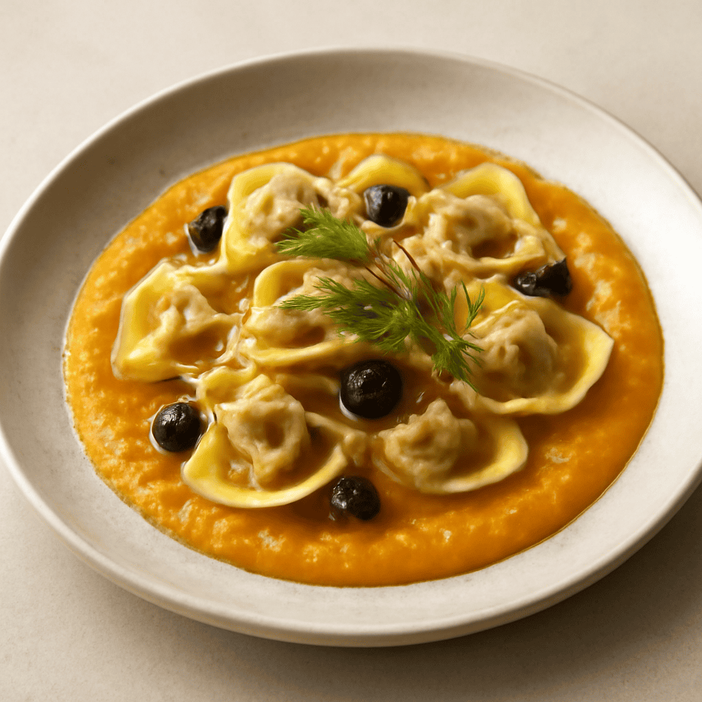 Tortelli con cardi e ricotta su crema di zucca