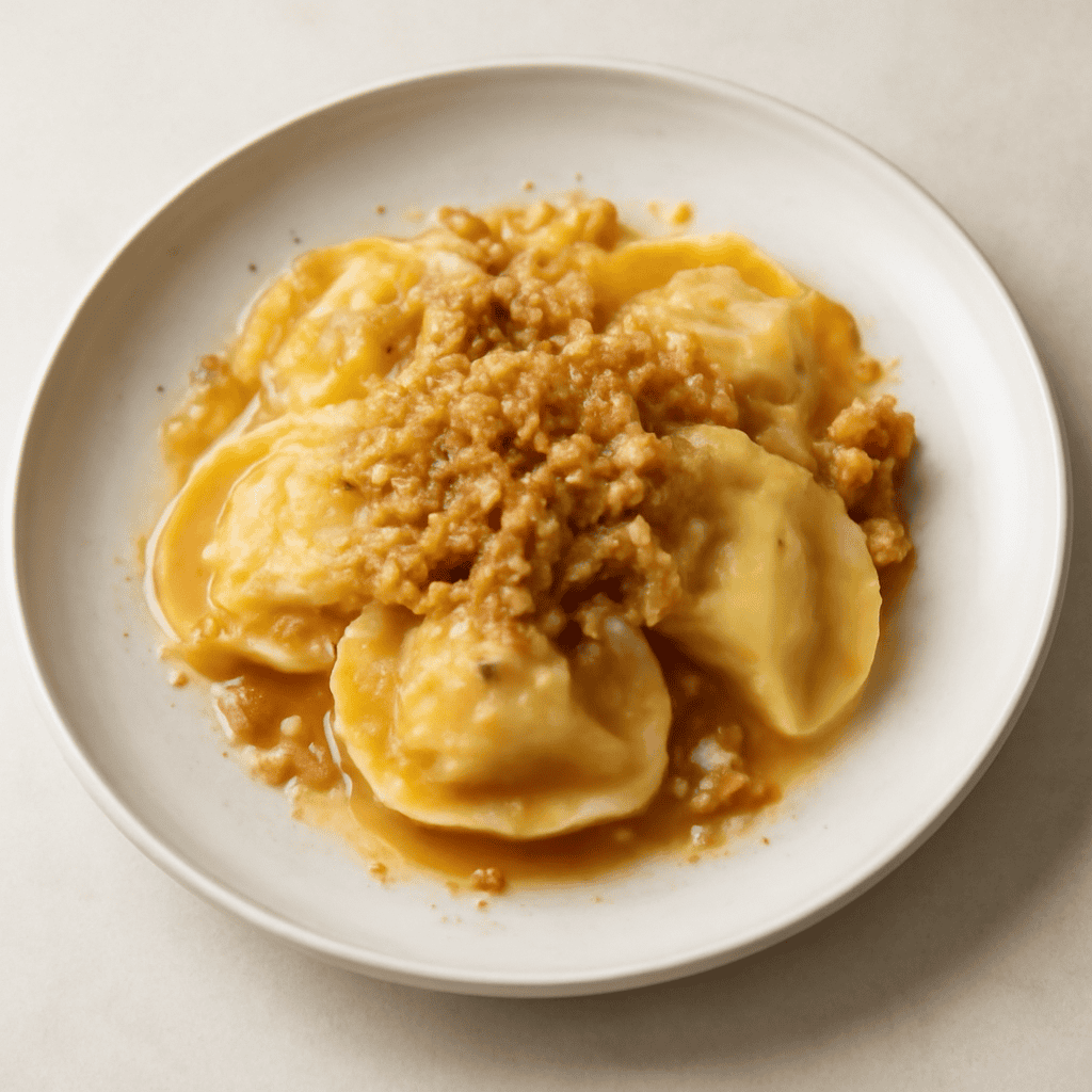 tortelli con crumble di mele in agrodolce