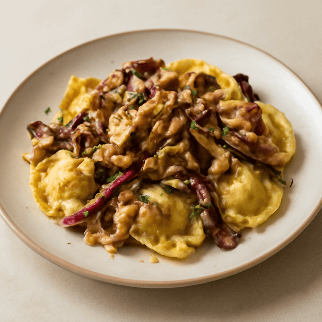 Tortelli di radicchio con tacchino, porcini e noci