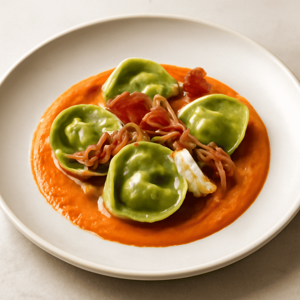 Tortelli di spinaci e briè su crema di peperoni e speck croccante
