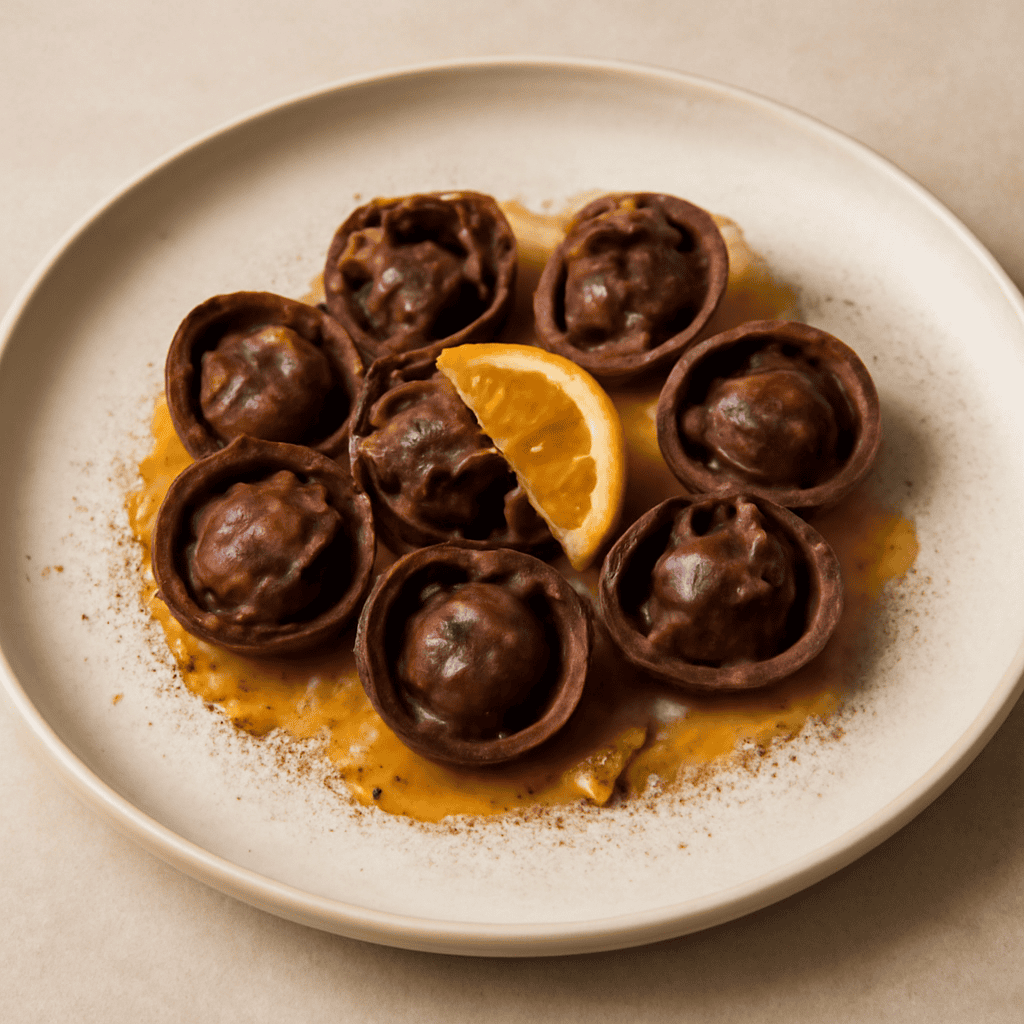 TORTELLINI AROMATIZZATI AL CACAO, PEPERONCINO E CANNELLA IN RIDUZIONE D’ARANCIA.