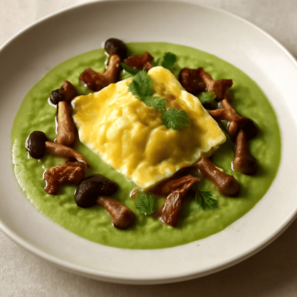 Tortello di burrata con crema di piselli aria di menta funghi pioppini e pancetta croccante