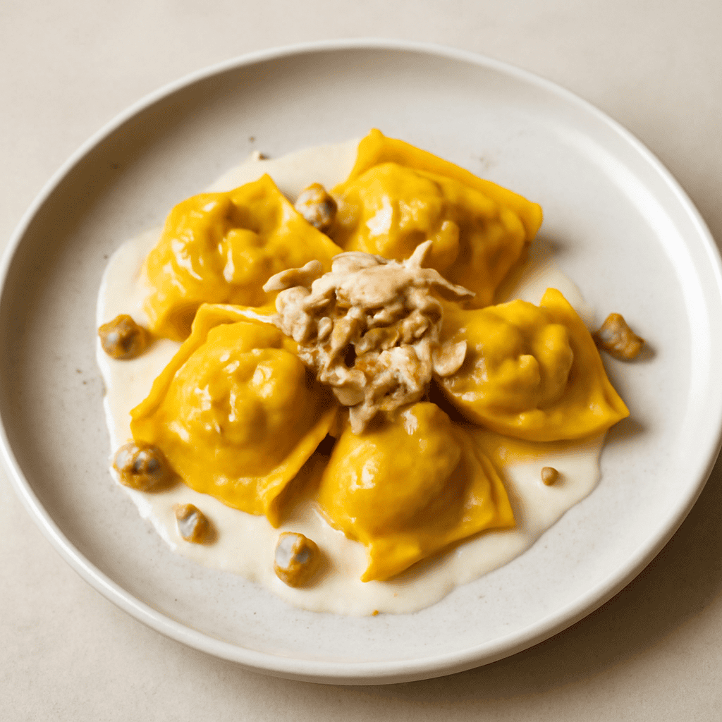 Tortello di pollo alla curcuma con salsa di fontina è noci