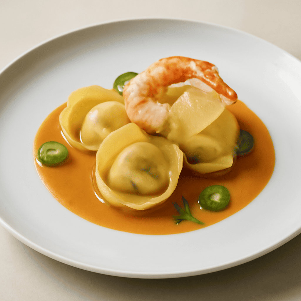 Tortello gambero lime e zenzero, bisque di carapace e gelatina al limone