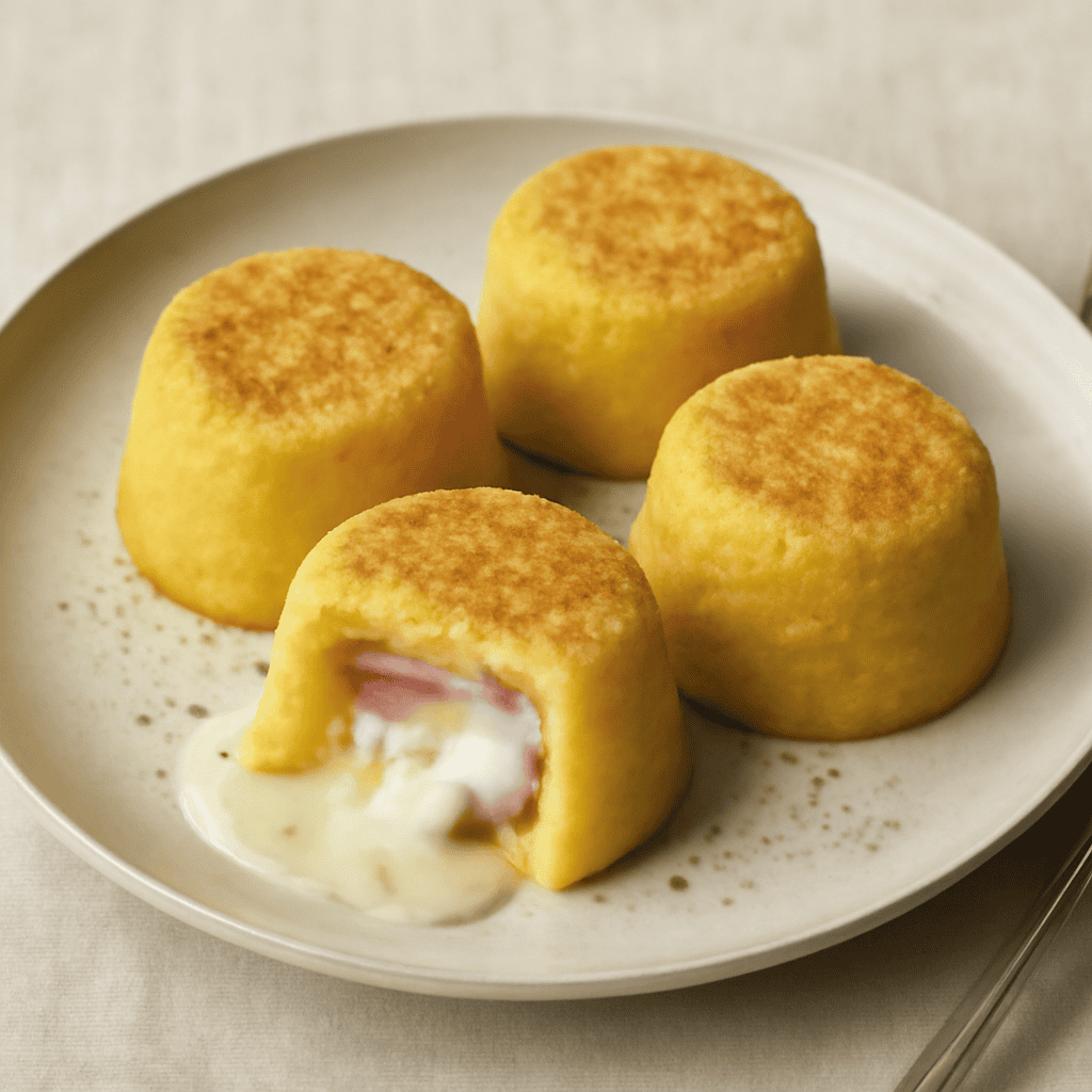 Tortini di polenta con cuore di prosciutto cotto e formaggio