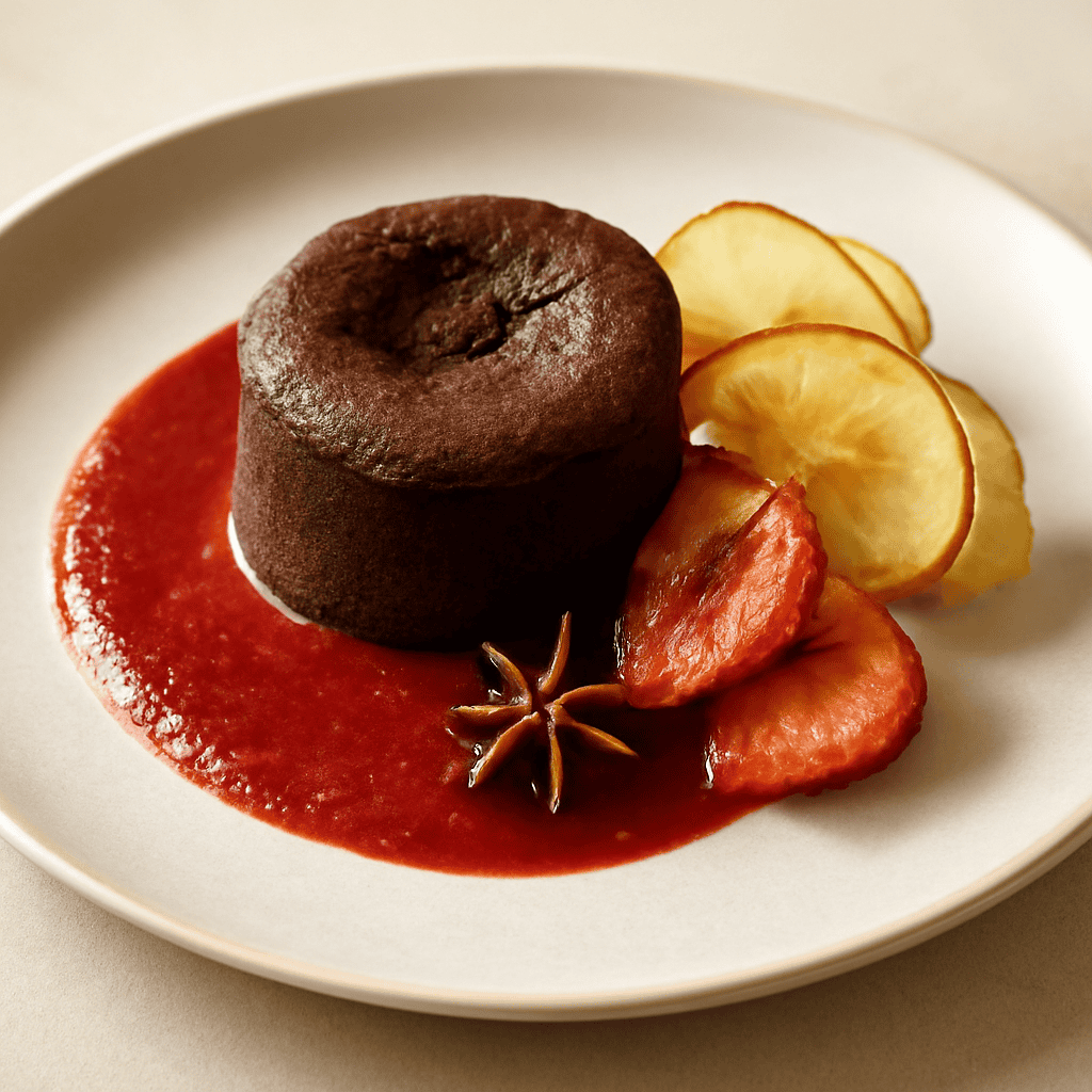 Tortino al cioccolato con chips di mela e coulis di fragola speziata