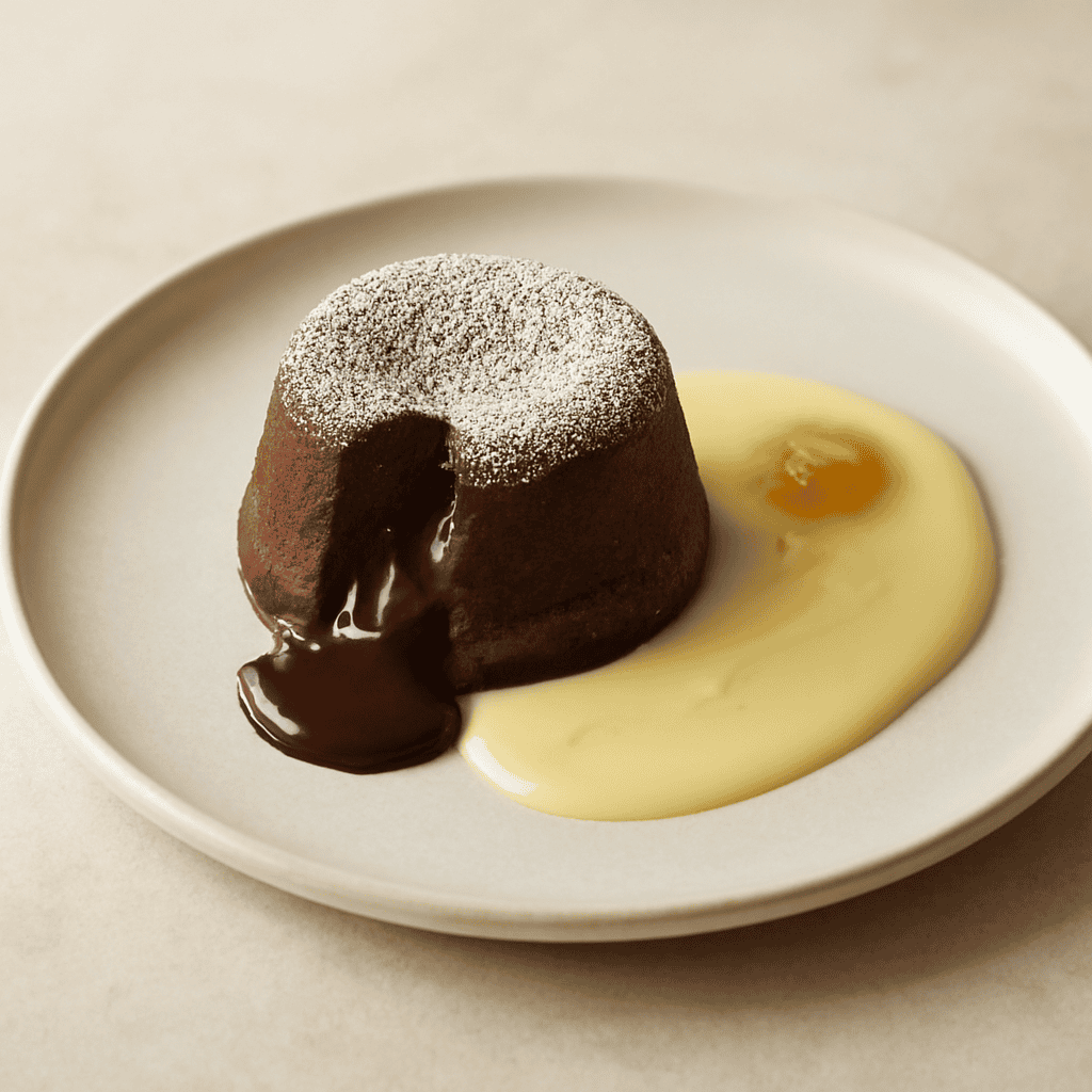 Tortino caprese fondente con crema al cioccolato bianco e zenzero