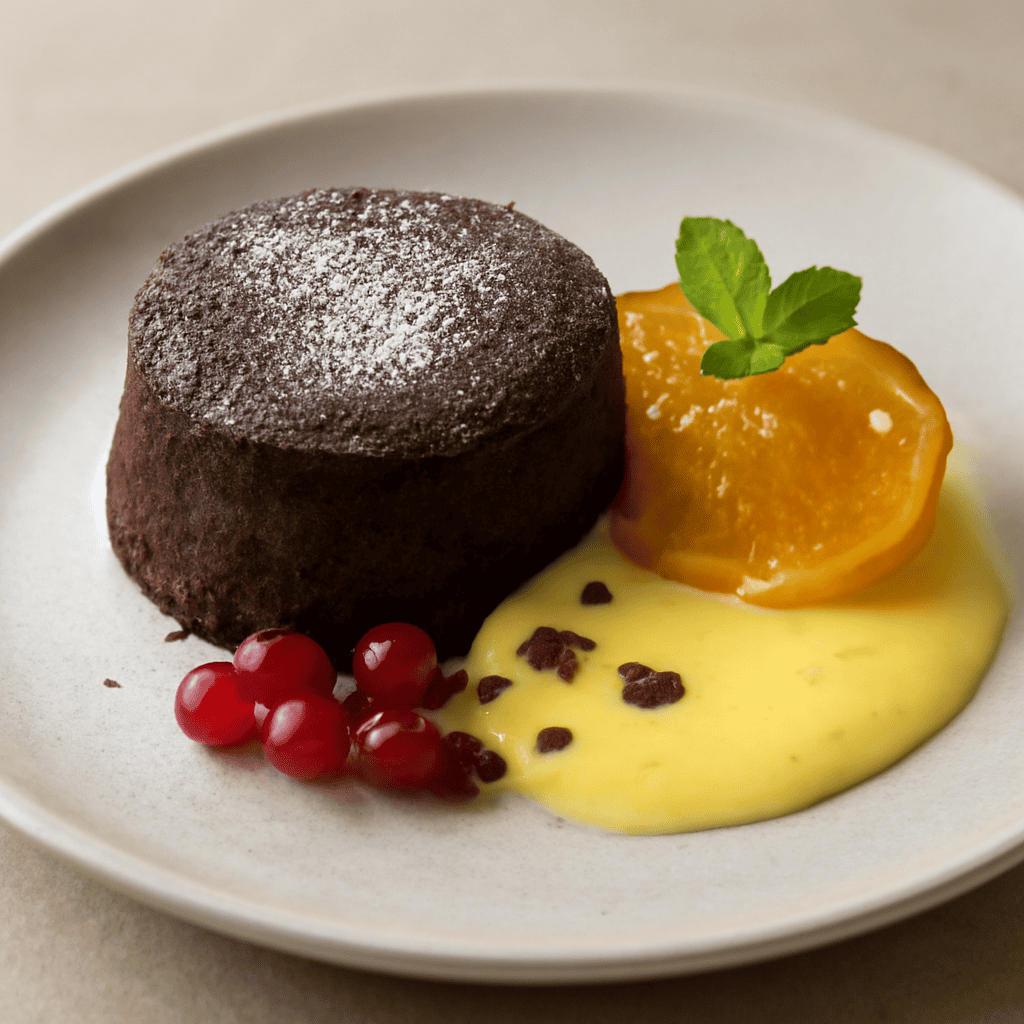 Tortino cioccolato e zenzero con crema inglese all’arancia