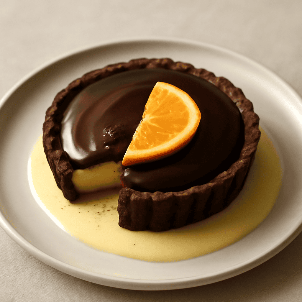 Tortino con crema all’arancio racchiuso da una frolla al cioccolato