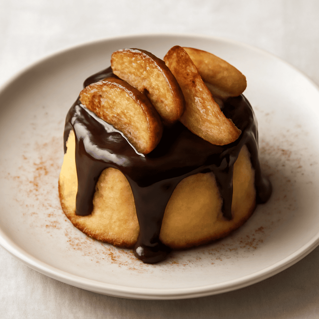Tortino di ricotta al profumo di cannella con mele caramellate e ganache al cioccolato fondente.