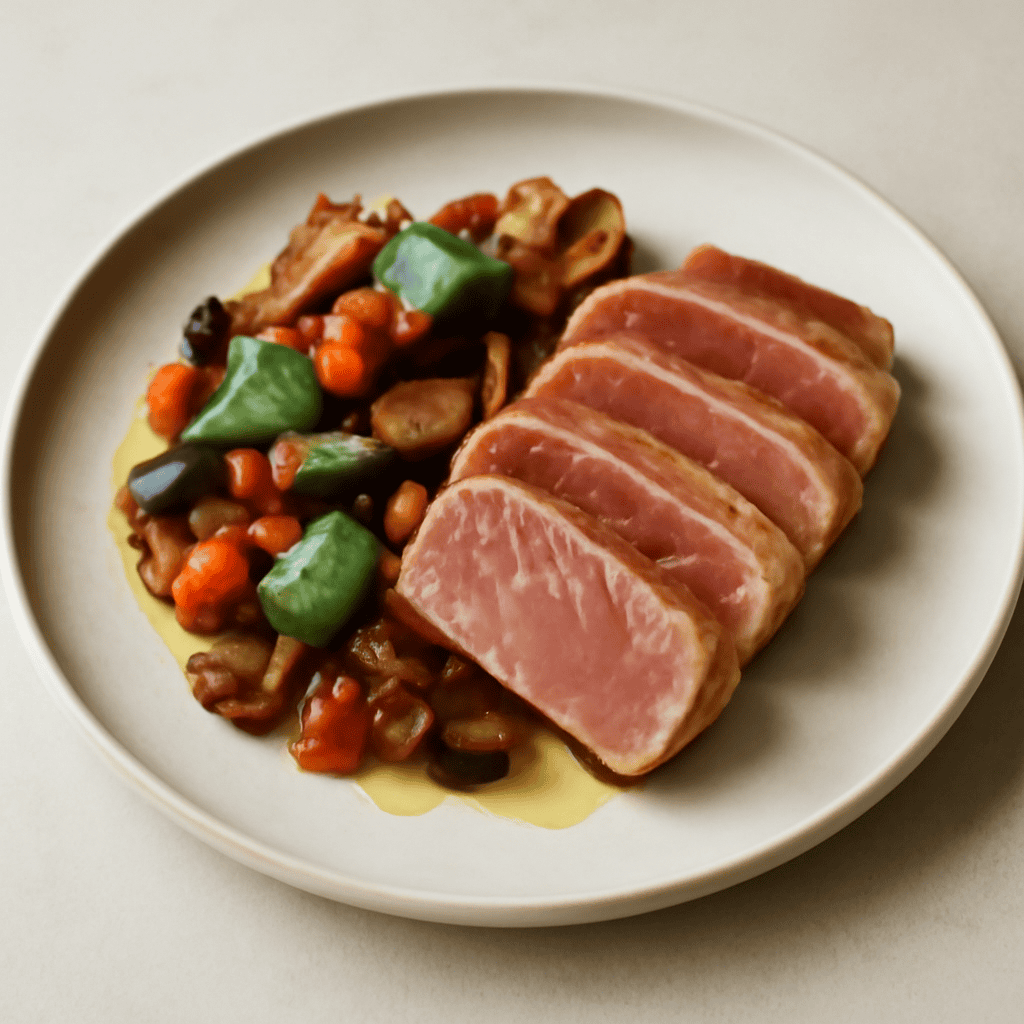 trancio di tonno con caponata di verdure al profumo di basilico.