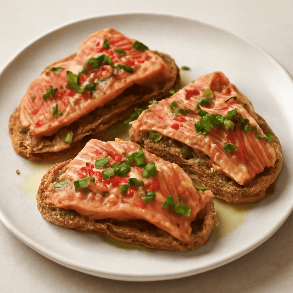 Tris di trota marinata su crostini di pane integrale