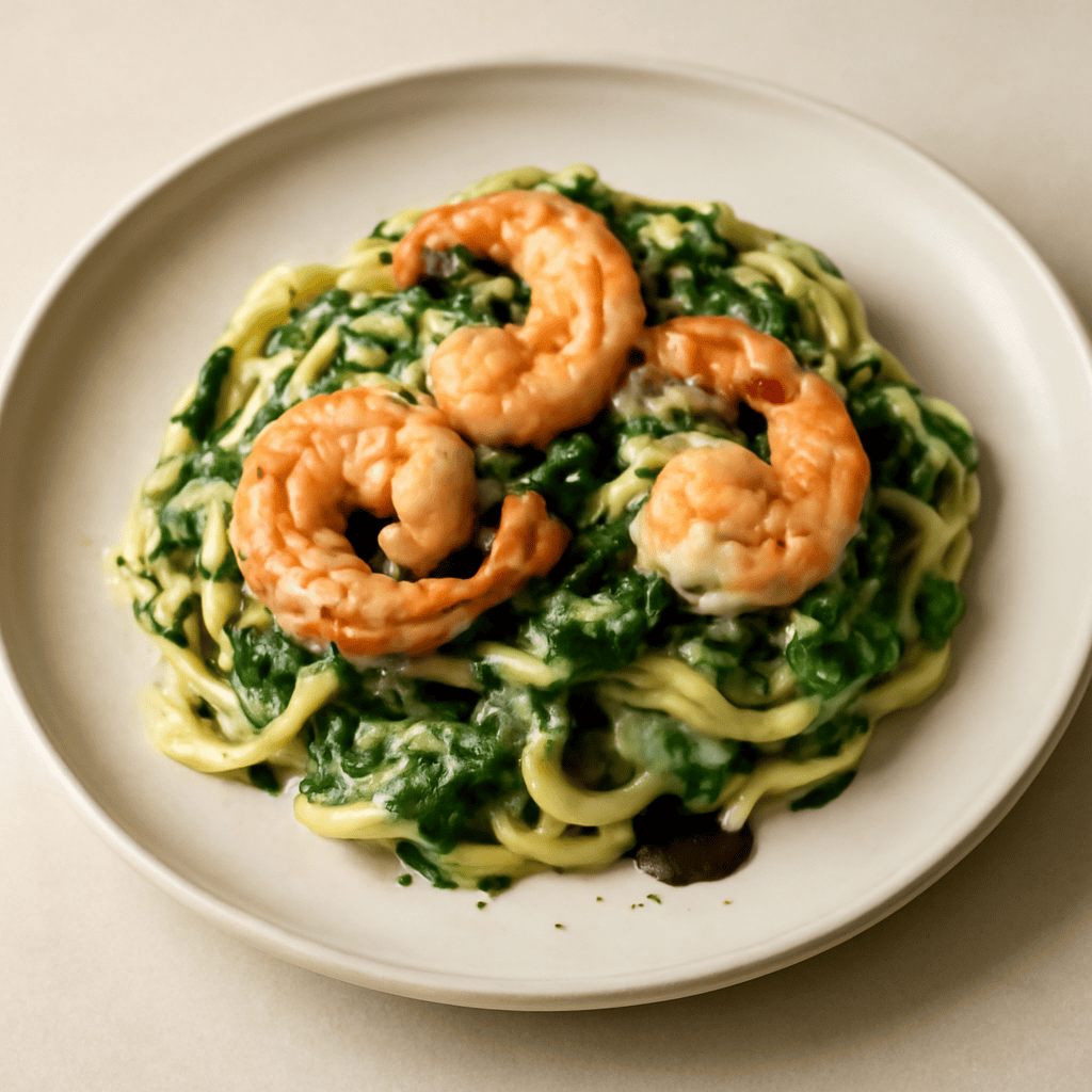 Troccoli, crema spinaci e gamberoni