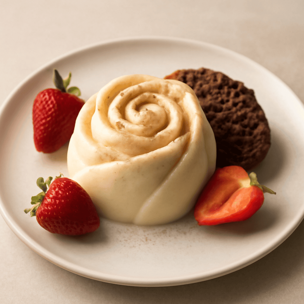Una rosa di panna cotta alla cannella con biscquit al cacao
