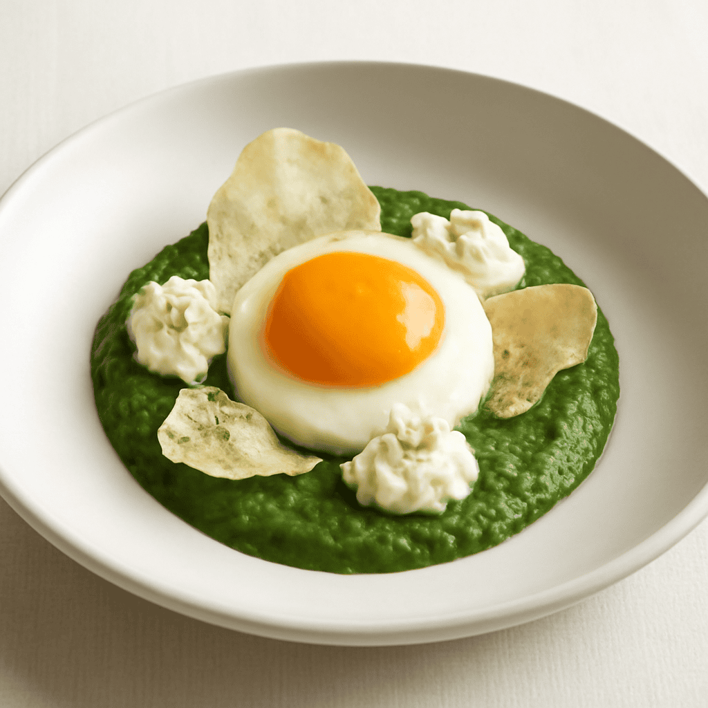 Uovo cotto a 65° su crema di spinaci con ricotta aromatizzata al basilico e chips di riso
