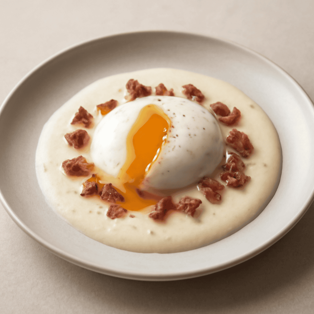 Uovo,crema di pecorino e pancetta