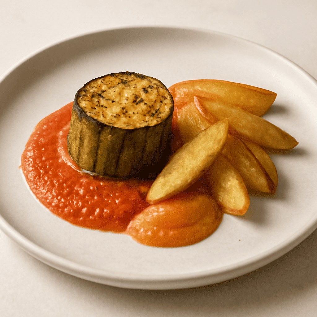 Zucchina caramellata con crema di peperoni e pomme nature su salsa di pomodoro fresco