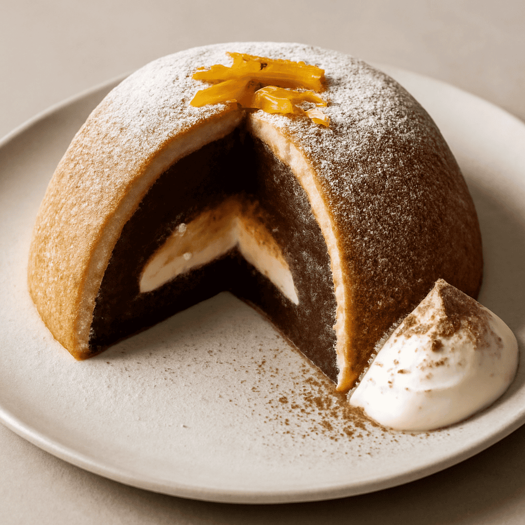 Zuccotto con crema al cioccolato e mandarino candito