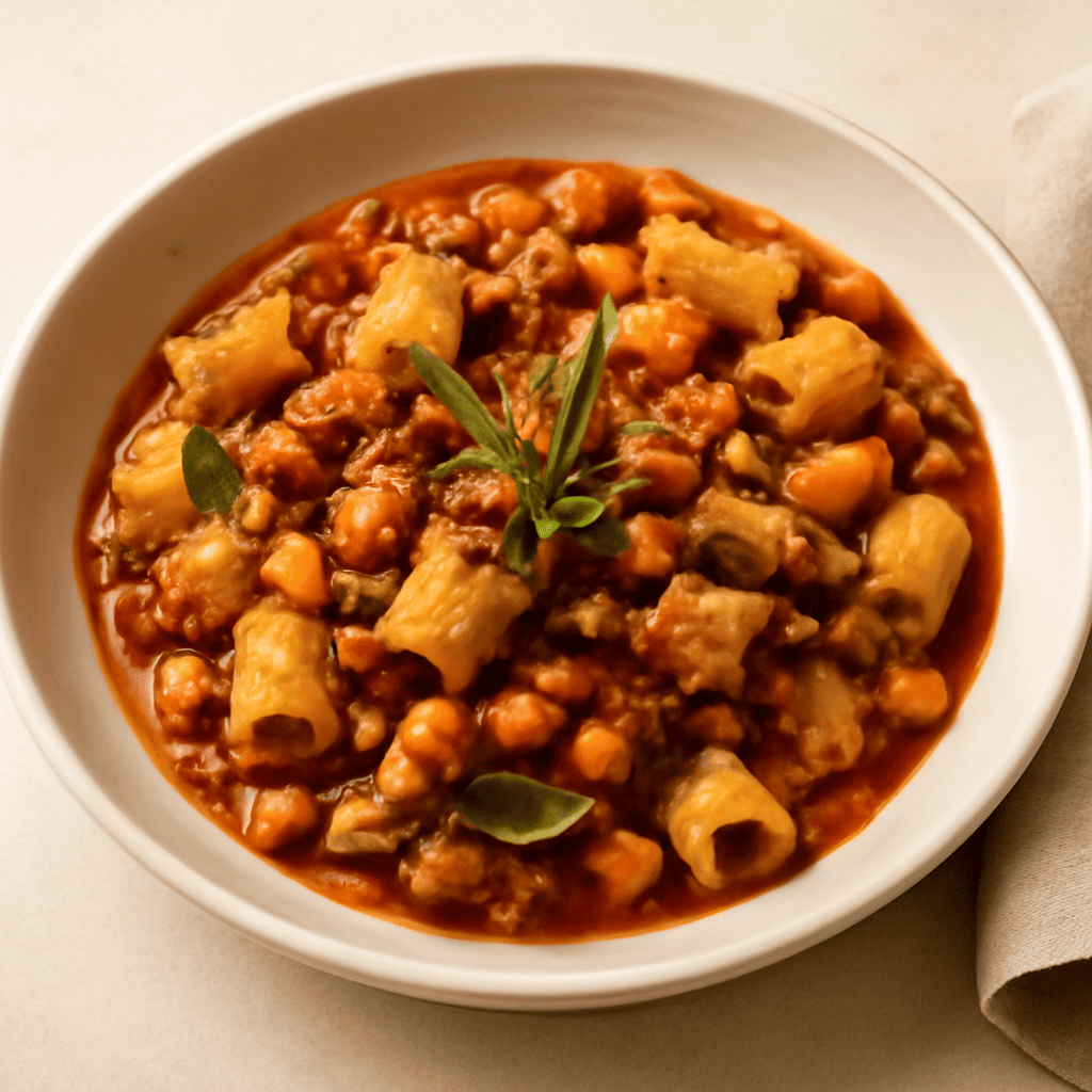 ZUPPA DI CECI E ROVEJA CON MEZZE MANICHE E RAGÙ DI VITELLO E SALSICCE