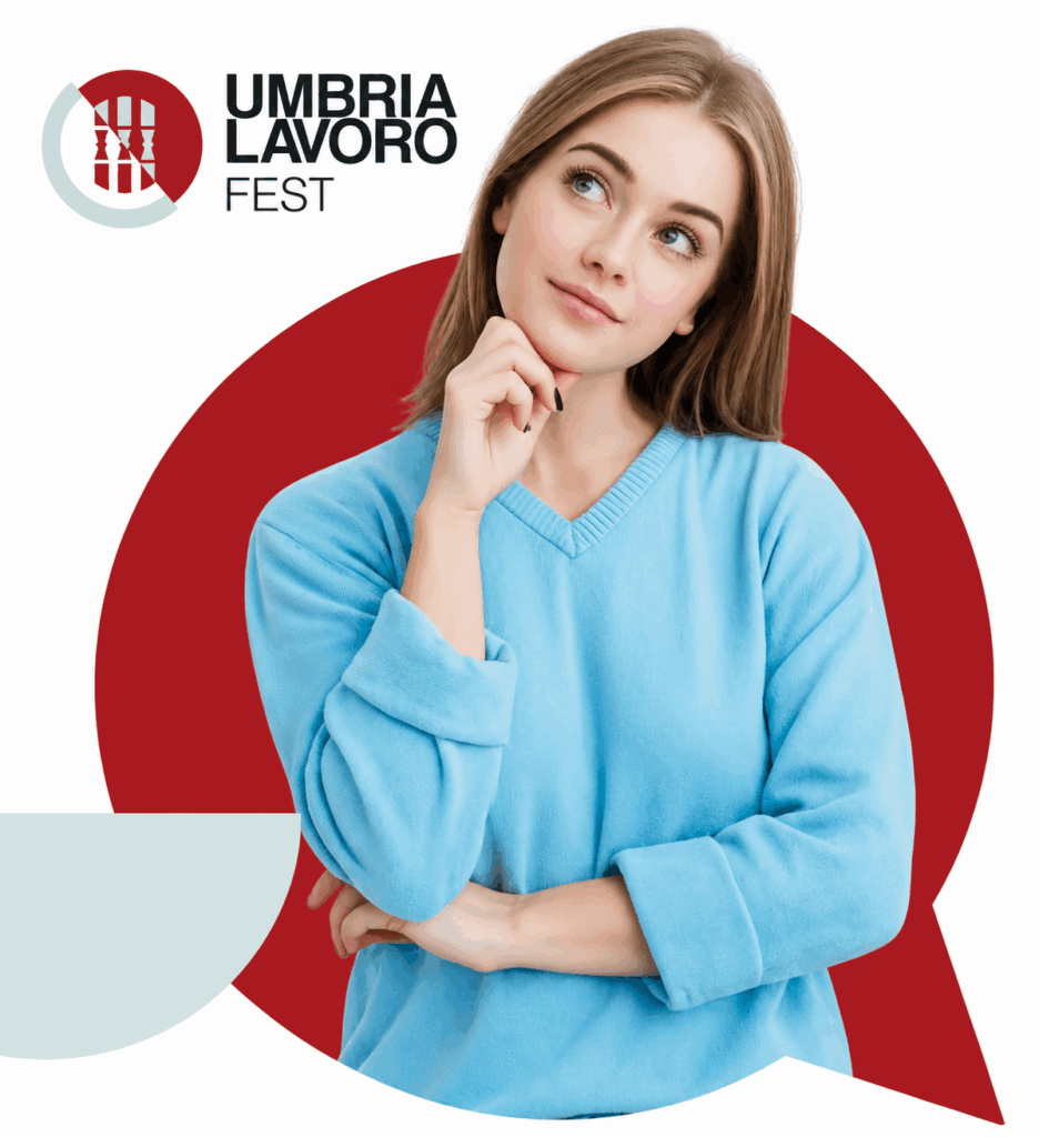 Giovane donna pensierosa con maglione azzurro accanto al logo Umbria Lavoro Fest